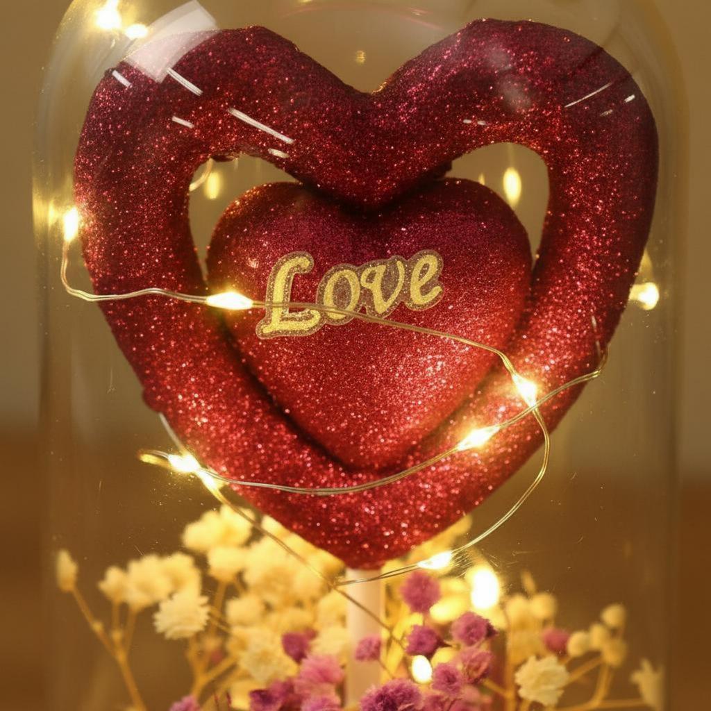 Love Heart Lamp-up Cloche Couple Figurine Glass Dome House Decoration Indoor Lighting for Girlfriend, Bedroom
