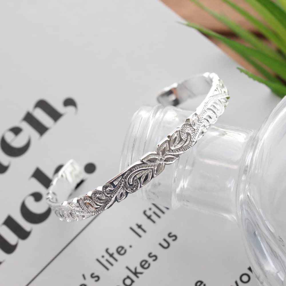 Hawaiian Jewelry Bangle Silver 925 Bracelet Scroll Plumeria Men Women