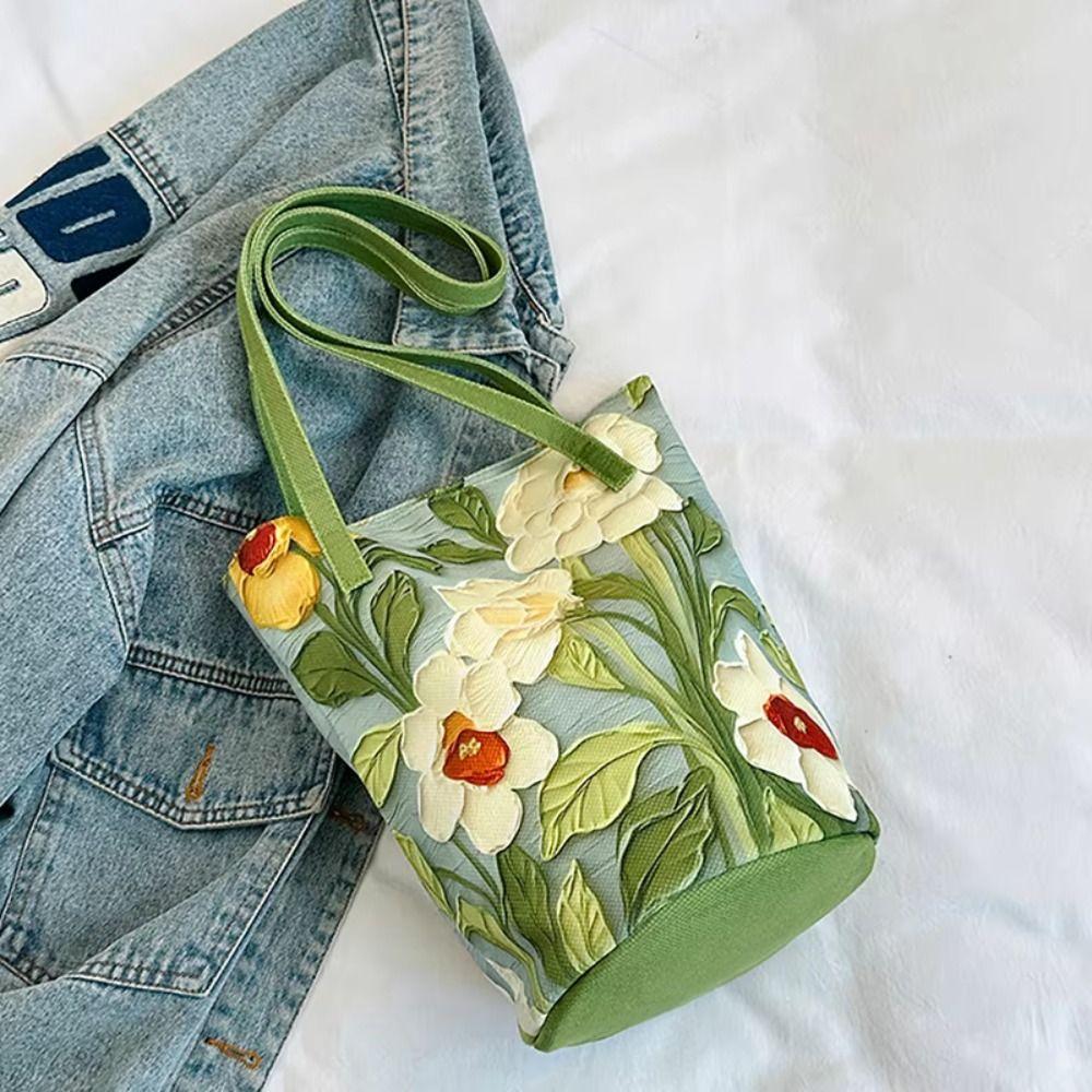 Canvas Material Floral Pattern Bucket Bag Floral Design Creative Canvas Handbag  Outdoor Activities
