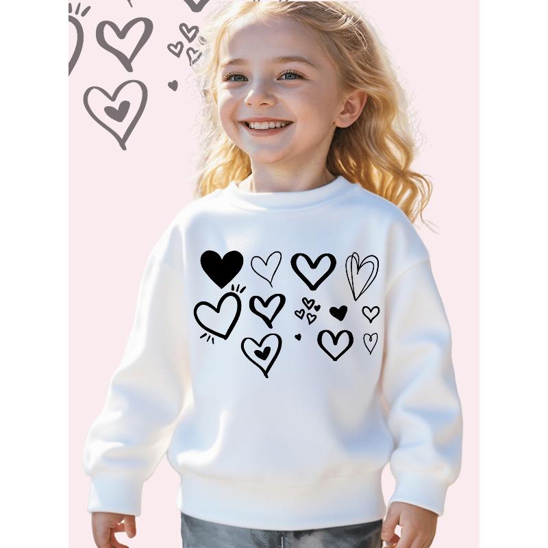 European sizes Kids  White Oversized White Heart & Line Art Sweatshirt - Soft Loose-Fit Long Sleeve Winter Warmth Pullover 110