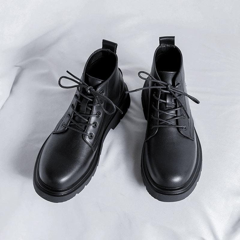 Black Mid-Top Martin Boots Men'S Handsome Autumn British Locomotive Ins Leather Shoes Hong Kong Style Couple Tooling Boots 86232-F