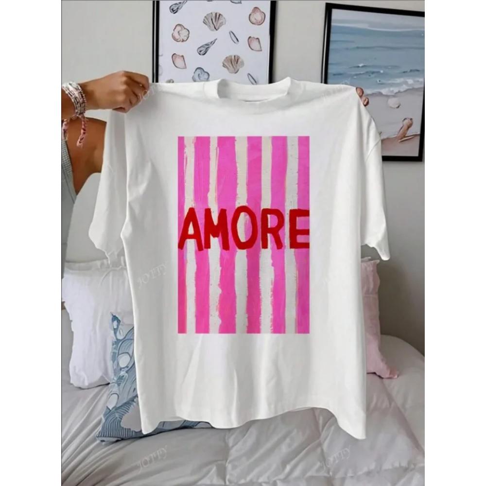 

AMORE Striped Art Pattern Summer Outfits Women Casual Round Neck Short Sleeve Female T-Shirt Tops S