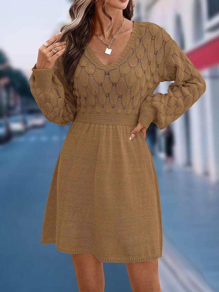 Scale Pattern 3D Knitted Dress New V-Neck Beach Dress A-Line Long Sleeve Dress