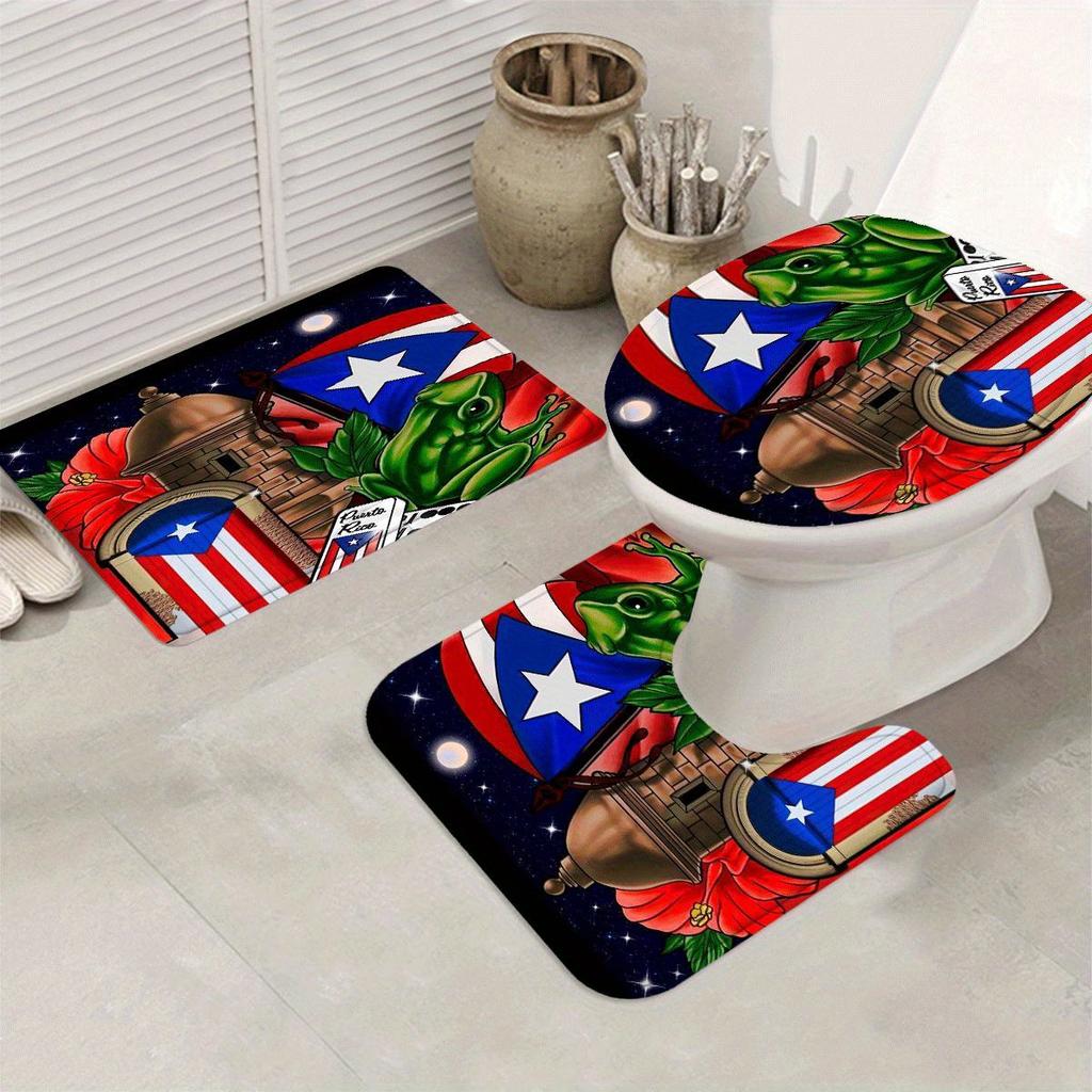 Vibrant Puerto Rico Themed Tropical Paradise Bathroom Set -Waterproof Shower Curtain, Floor Mats, Toilet Lid Cover & Contour Mat