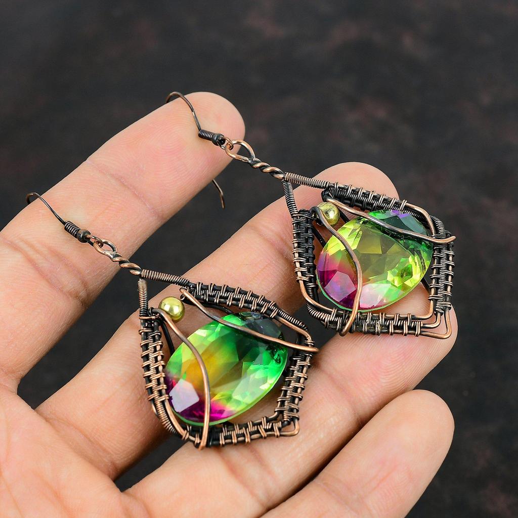 Faceted Multi Tourmaline Earring Copper Wire Wrapped Earring Original Gemstone Handmade Earrings Copper Wire Wrap Jewelry Anniversary Gifts