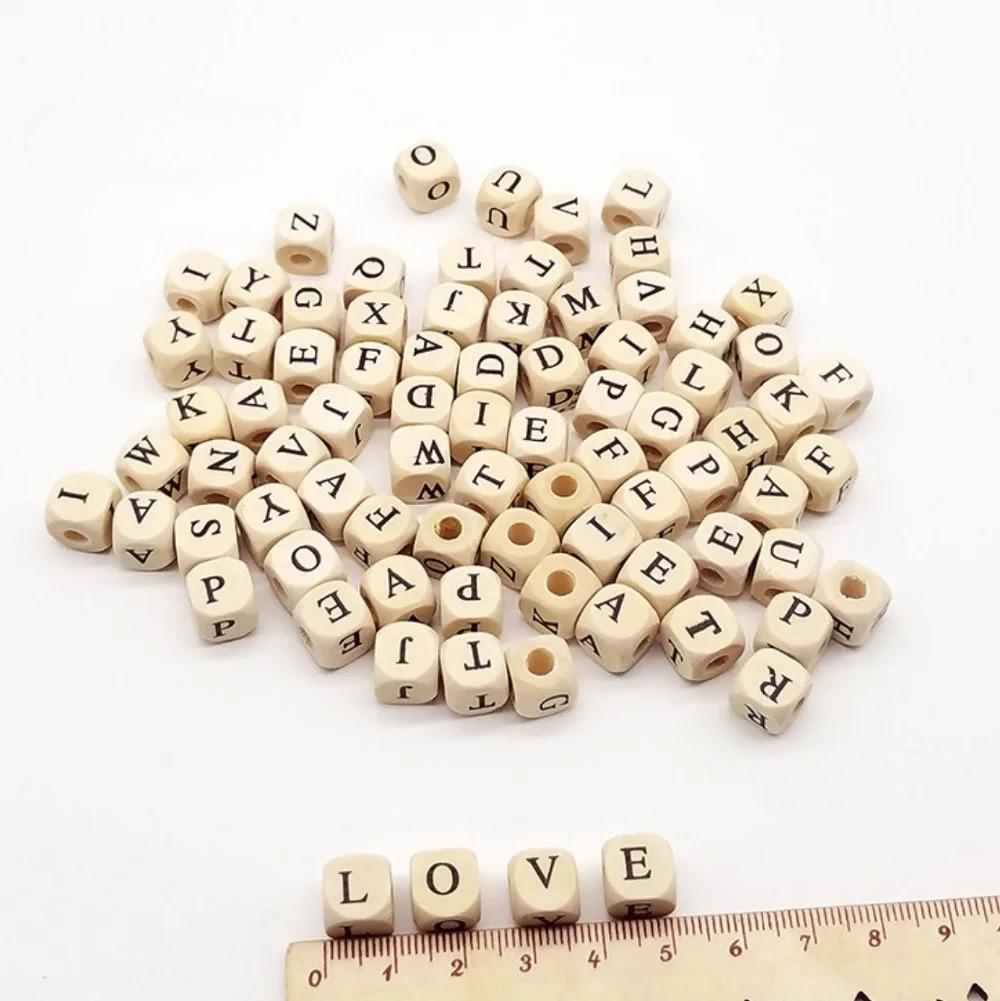 10mm 100pcs Square Natural Wooden Alphabet Beads A-Z 0-9 Letter Beads for Bracelets Spacer Baby Smooth Teether Jewelry Pacifier CDN