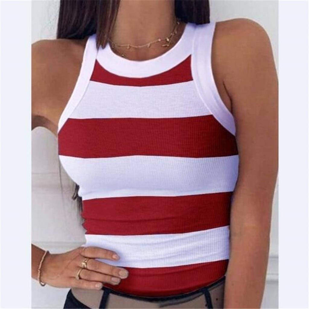 Women's Crew Neck Sleeveless Tank Top Slim Fit Striped Star Print Casual Camisole Tee