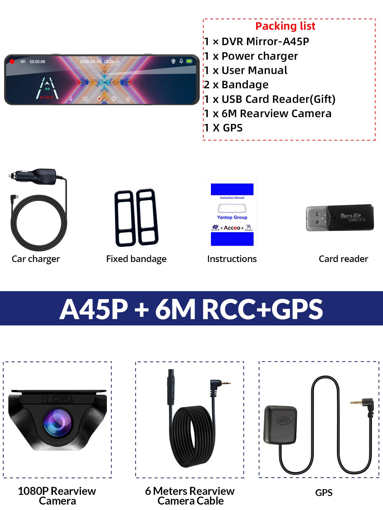 

E-ACE 4K Автомобильный видеорегистратор 3840*2160P видеорегистратор зеркало заднего вида 12 дюймов видеорегистратор Sony IMX415 двойной объектив авто камера парковочный монитор No TF Card