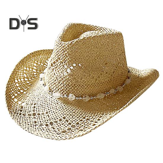 Summer Straw Hat Hollow Out Foldable Adjustable Bead Decor Curled Edge Windproof Strap Western Cowboy Style Solid Color Outdoor Cap