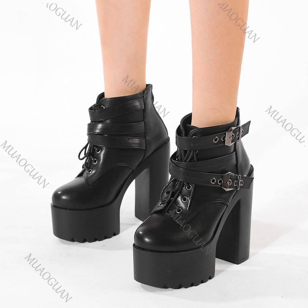 Fashion Gothic Boots Women's Solid Color High Heeled Buckle Strap Fashion Women Shoes Punk Style Thick Bottom Retro Lace-up Ankle Boots