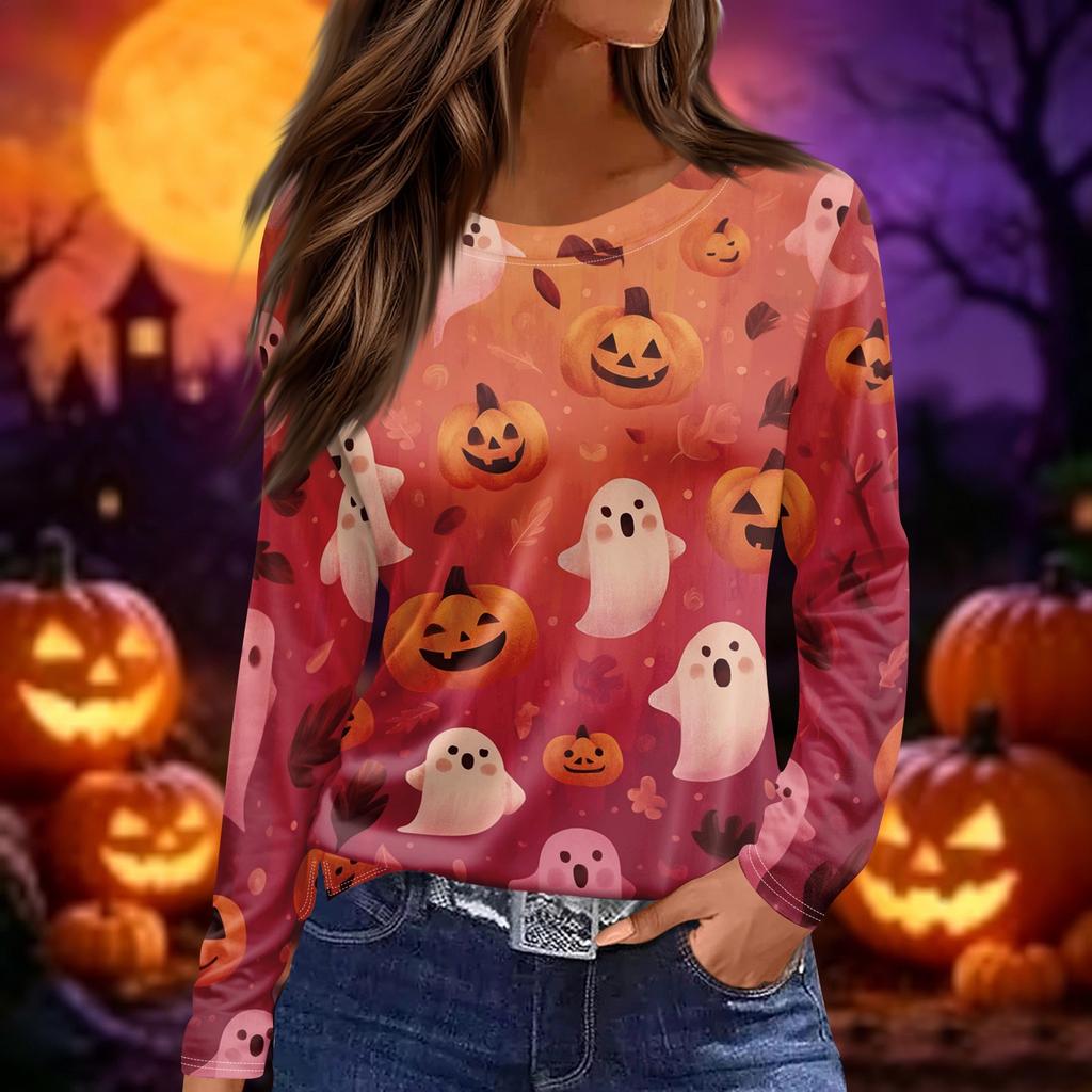 Women's Long Sleeve Halloween Print Top Split Hem Round Neck Casual Pullover Shirt with Festive Graphic Design for Seasonal Wear
