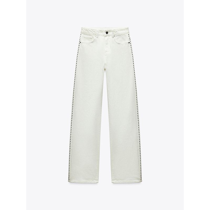 Za2025 Autumn New Women Clothes Simple and Versatile Slimming Rivet Decoration Mid-Waist Straight Jeans 6147040