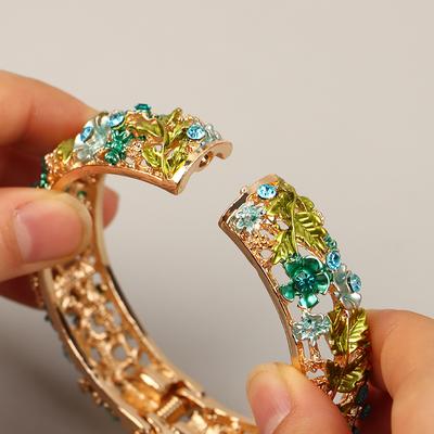 Colored Ethnic Style Flower Bangles Alloy Openwork Engraving Vintage Open Bracelets For Women Jewelry Gift