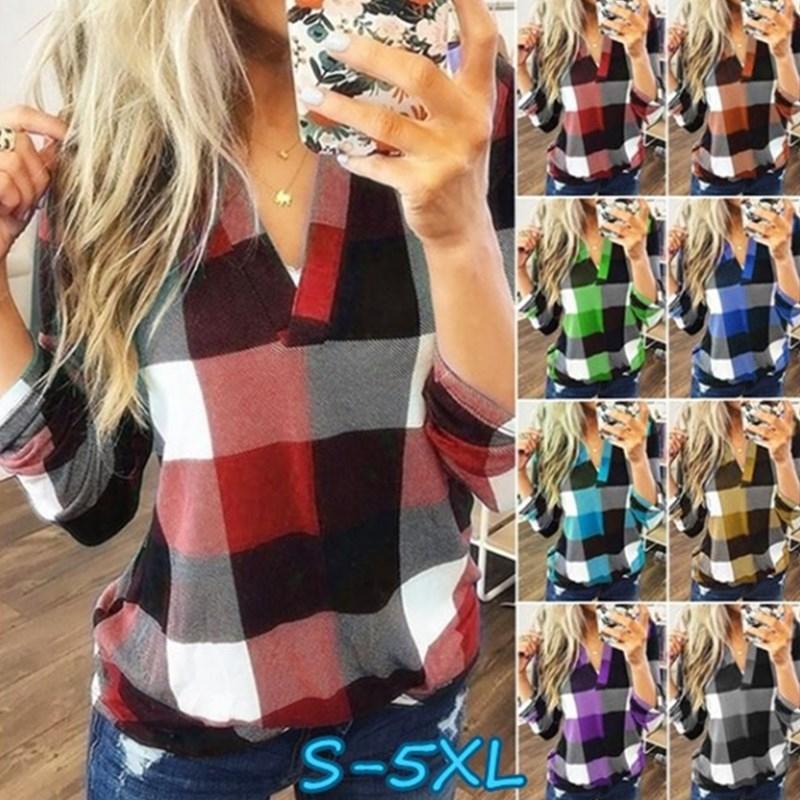 Plus Size Women Casual Loose Long Sleeve Plaid Shirt Spring Autumn V-neck Long-sleeved Top