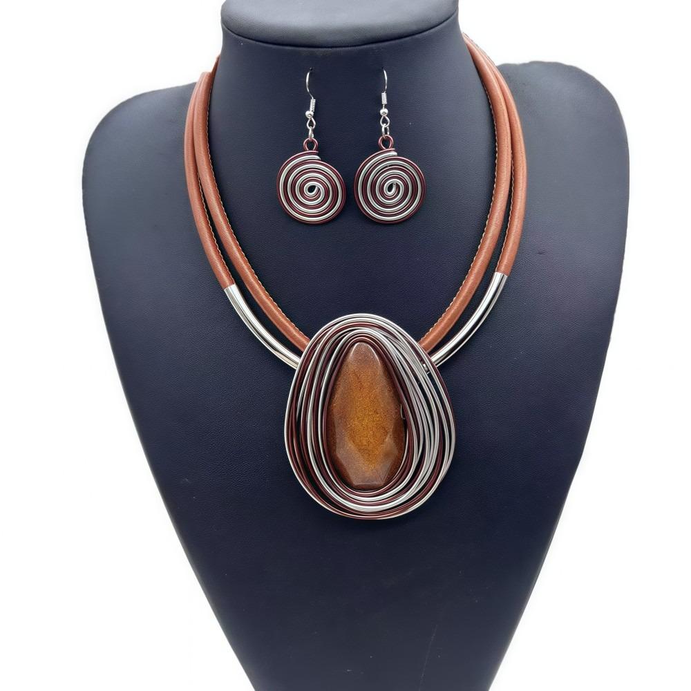 Water Drop Necklace Earrings Set Aluminum Wire Handmade Braided Jewelry Set Resin Gems Lightweight Earring Necklace Combo
