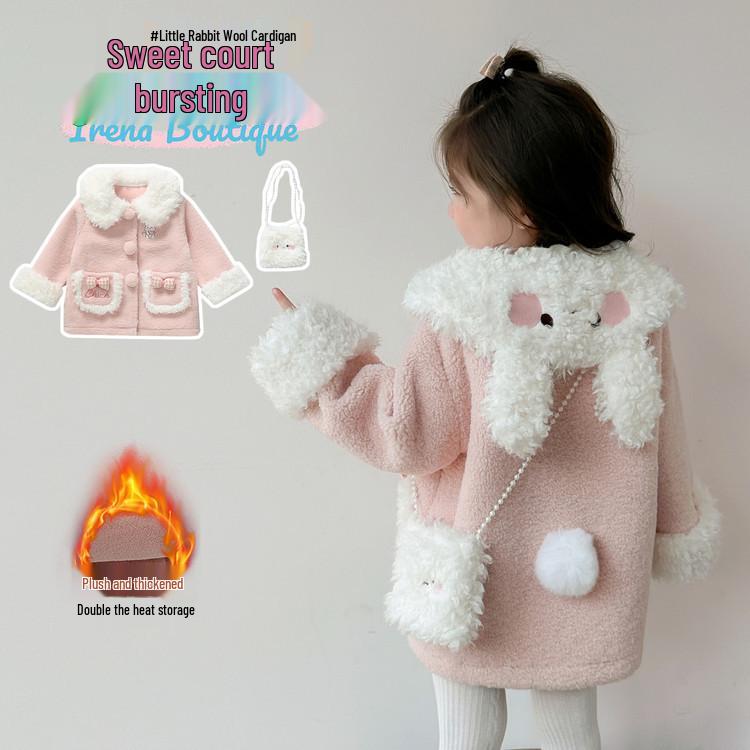 Mädchen Wintermantel im koreanischen Stil mit rosa Hasenohren und flauschigem Futter