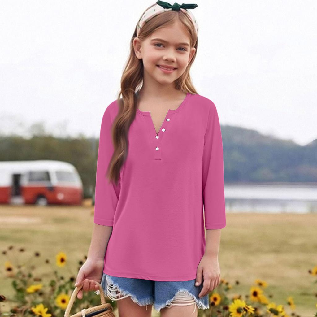 Print Tops For Youth Girls Round Neck 3/4 Sleeves T-Shirts Trendy Tops Outfit Tees