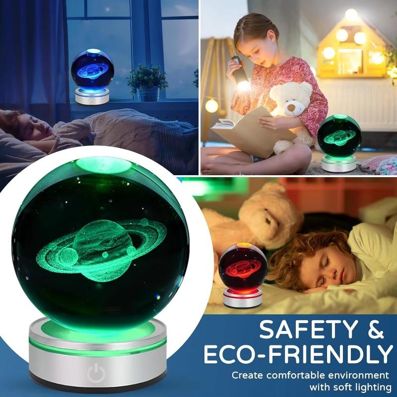 3D Saturn Planet Crystal Ball Night Light with LED Colorful Lighting Touch Base 6cm Saturn Lamp Glass Sphere Lamp Astronomy Space Christmas Ornaments