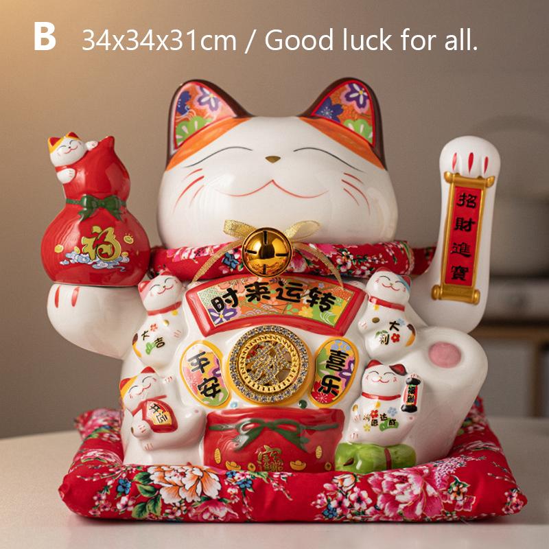 34cm Large Ceramic Maneki Neko Ornament Lucky Cat Statue Waving Arm Beckoning Fortune Cat Store Company Decoration Gift