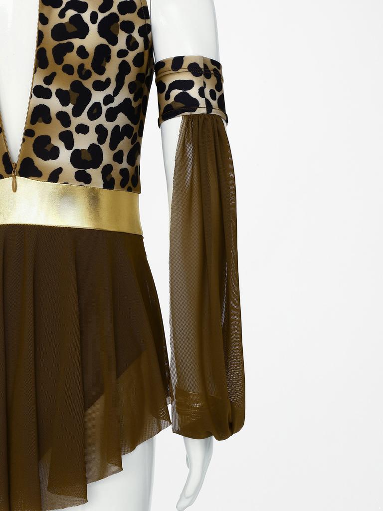 Girls Prehistoric Costume Leopard Print Dress with Built-in Briefs & Oversleeves Metallic Gloss for Performance
