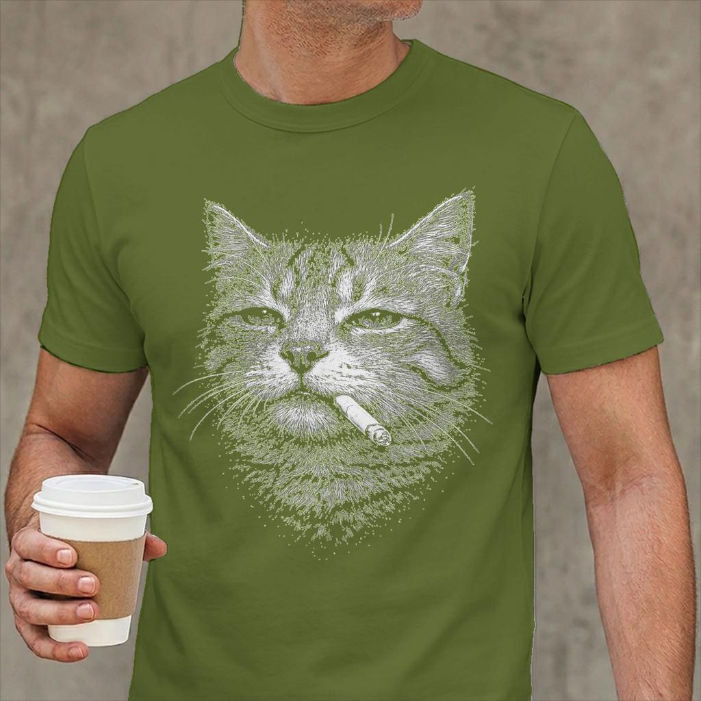 Cat Smoking Cigarette Funny Meme Tshirts Unisex Unique Cotton Tee Shirt Crewneck Short Sleeve T Shirts Summer Clothing