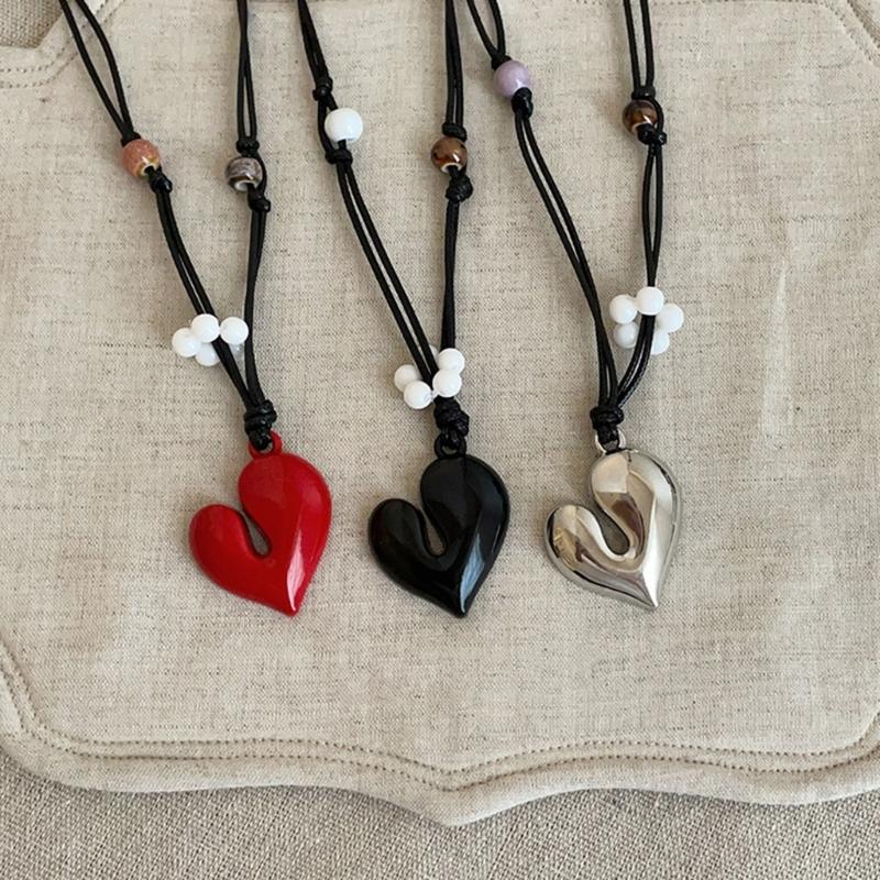 Irregular Love Heart Flower Beaded Pendant Necklace Adjustable Length Neckchain For Women Enamel Craft Jewelry
