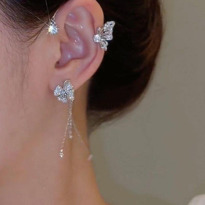 Golden Butterfly Ear Clips with Pendant Diamond Jewelry Gift Wedding Earrings Elegant Handcarved Design Ear Clips Without Piercing