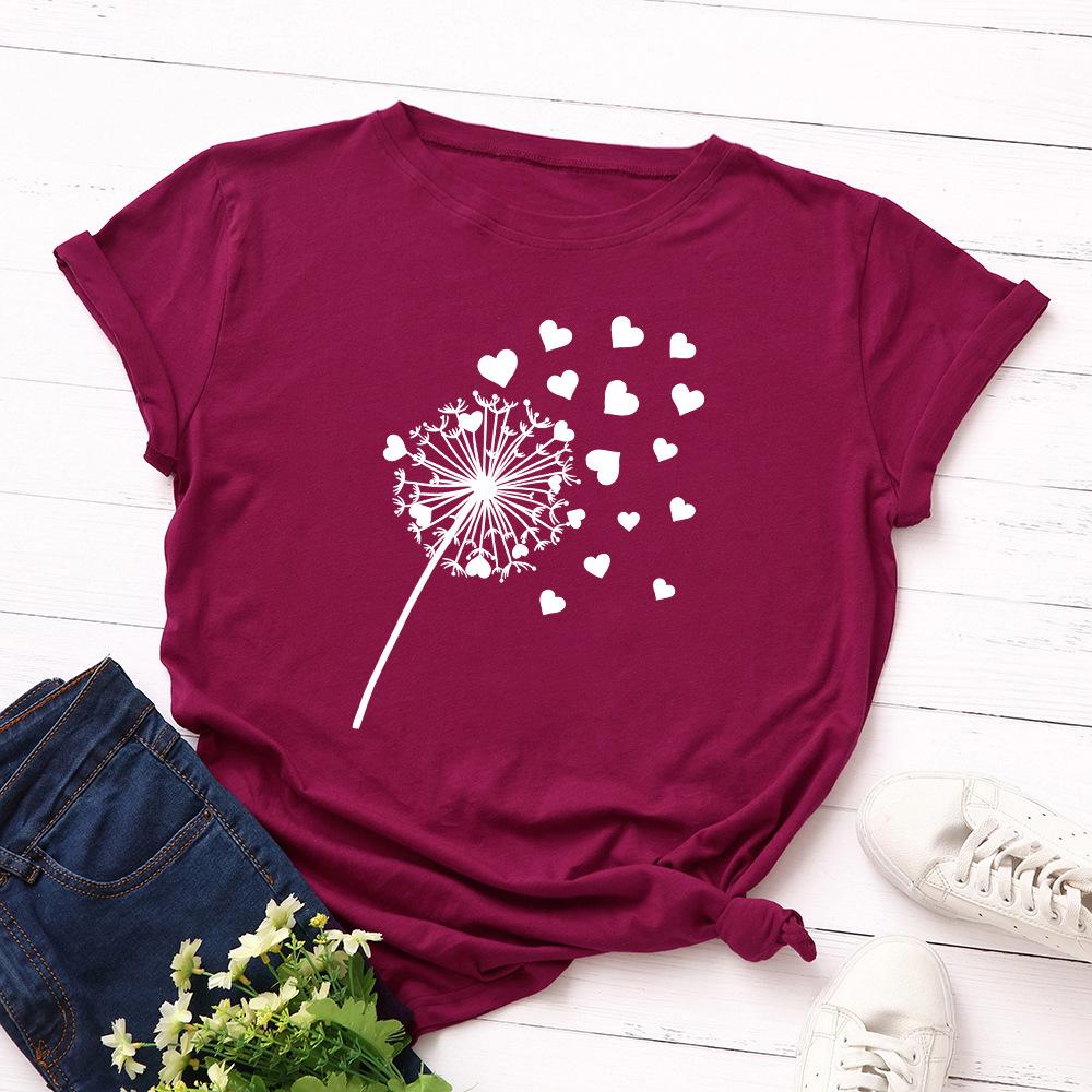 Cotton Loose Round Neck Creative Dandelion Heart-shaped Short Sleeved Women's T-shirts
