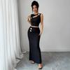 Women Solid Metal Hollow Textured Sleeveless Top Hip Wrap Long Skirt Two Piece Set