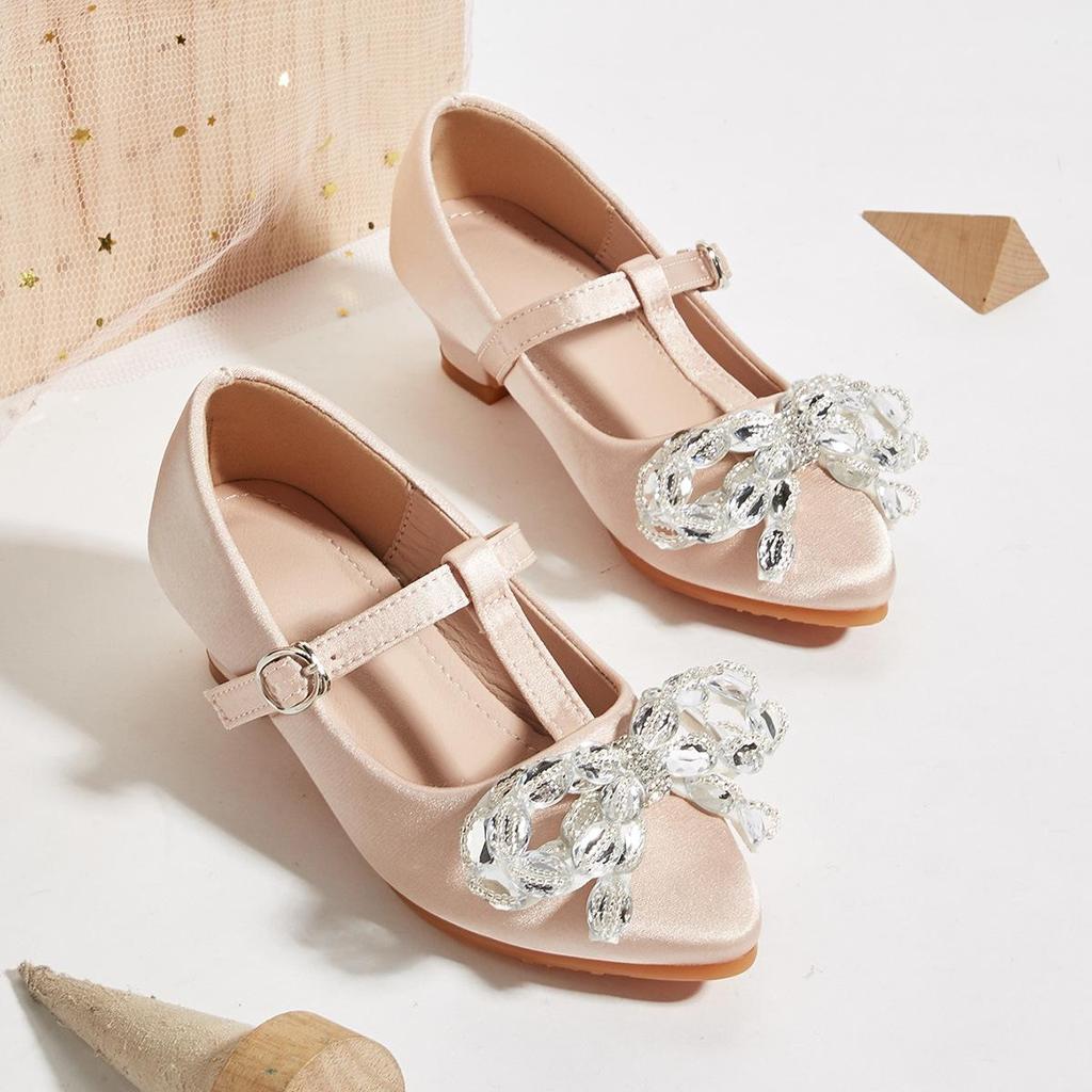 2025 Winter Crystal Flower Bow High Heels for Girls - Pointed Toe Leather Shoes for Small and Medium Children