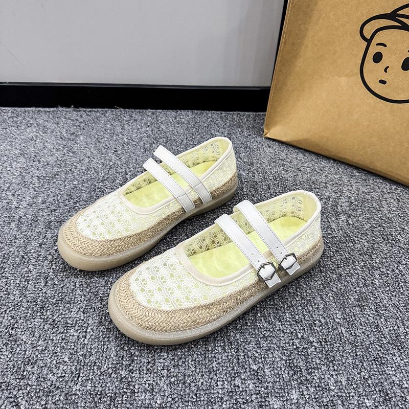 

Mary Jane cloth shoes women s summer mesh shallow mouth single shoes breathable linen pregnant women flat lazy one pedal grandma shoes 35