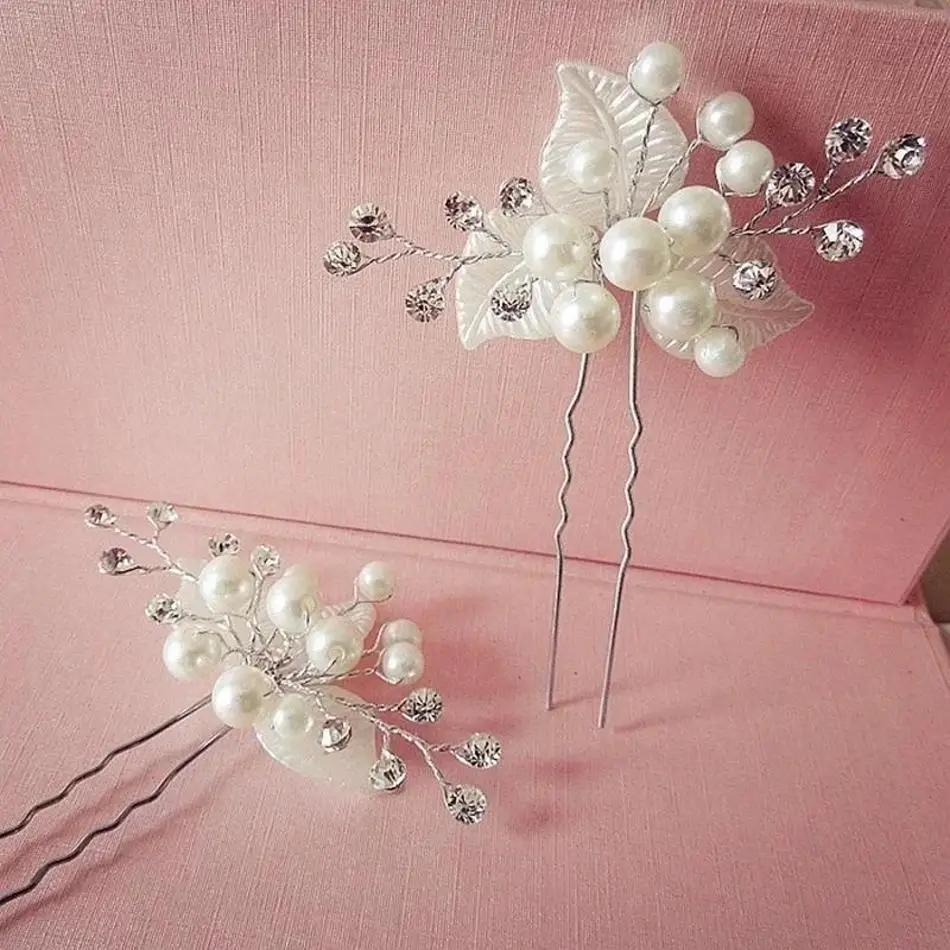 1Pair Wedding Bridal Bridesmaid Pearl Crystal Leaf Headpiece Hair Pin Hairpin Pearl Headwear Hairpin Ornaments Fashion Accessory