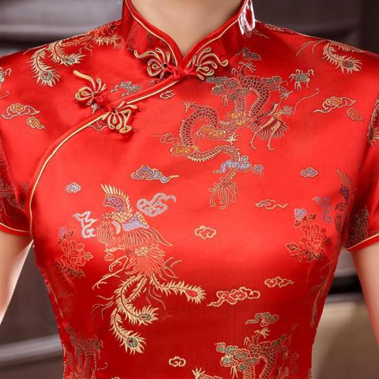 Ethnic Vintage Women Chinese Dragon Phoenix Embroidery Long Slim Cheongsam Dress