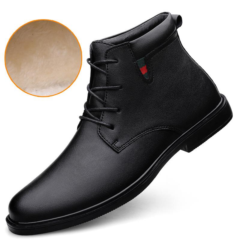 Men's Cross-Border High-Top Leather Boots - Autumn/Winter Cowhide Lace-Up Business Casual Formal Boots with Warm Velvet Lining