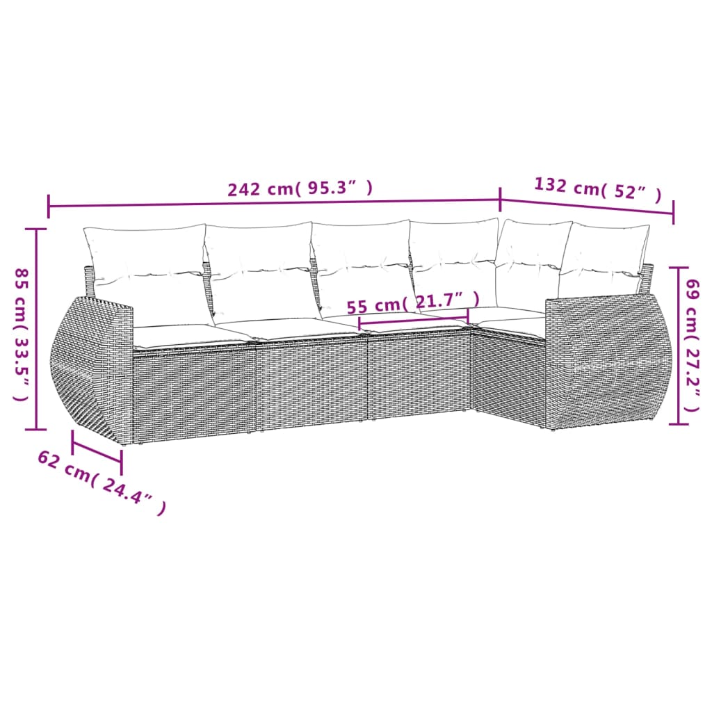 Vidaxl 5-Cz. Garden Furniture Set With Cushions, Brown, Poly Rattan