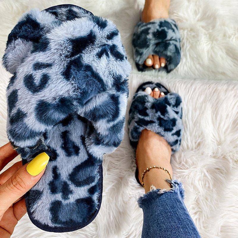 Fashion Leopard Print Fluffy Indoor Slippers for Women Open Toe Cross Strap Plush Slides Woman Winter Faux Fur Comfort House Slippers