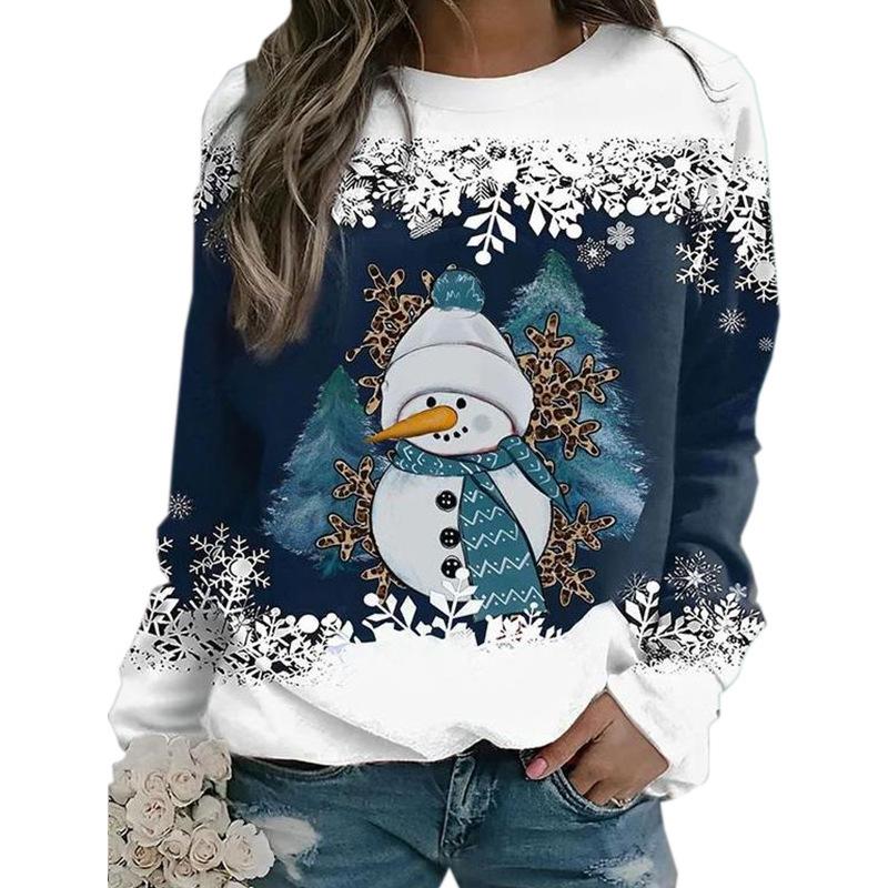 New Christmas 3D snowman print women's loose round neck long sleeved T-shirt