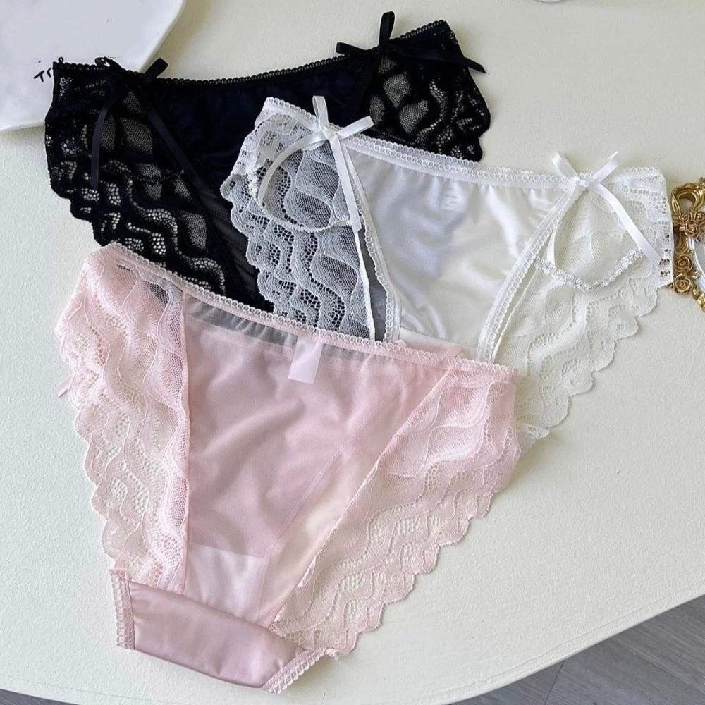 Bow Lace Flower Panties Transparent Lace Mesh Briefs Thin Women Underwear Girl