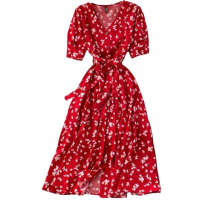 Gufrina Dresses for Women Half Sleeve || Floral Print || V-Neck and Puff Sleeves || Front Open Button & Tie-Up || Midi D