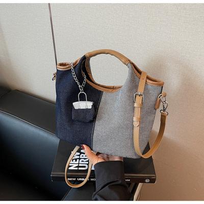 Canvas Bag Women's Large-capacity New Summer Versatile Contrasting Color Splicing Messenger Bag Premium Bucket Bag
