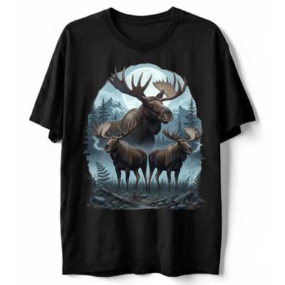 Retro Moose T Shirt Full Moon Mountain Forest Wildlife Nature Alaska Vintage Washed Designer Clothes Breathable Stylish Unisex
