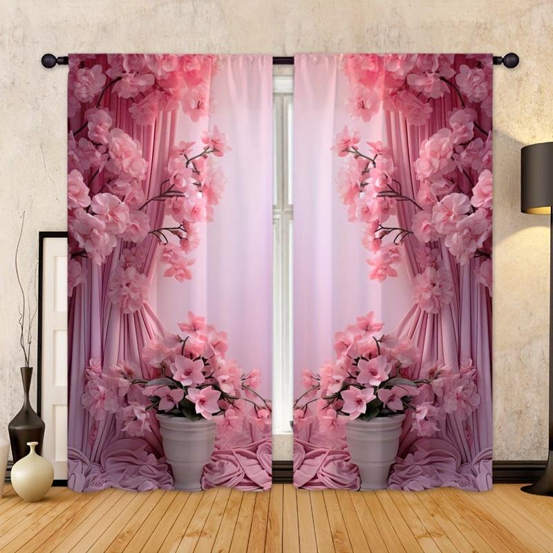 2 st Rosa Blomtryckta Gardiner Kristallvindspel För Vardagsrum Arbetsrum Sovrum Matsal Bakgrundsgardin Heminredning