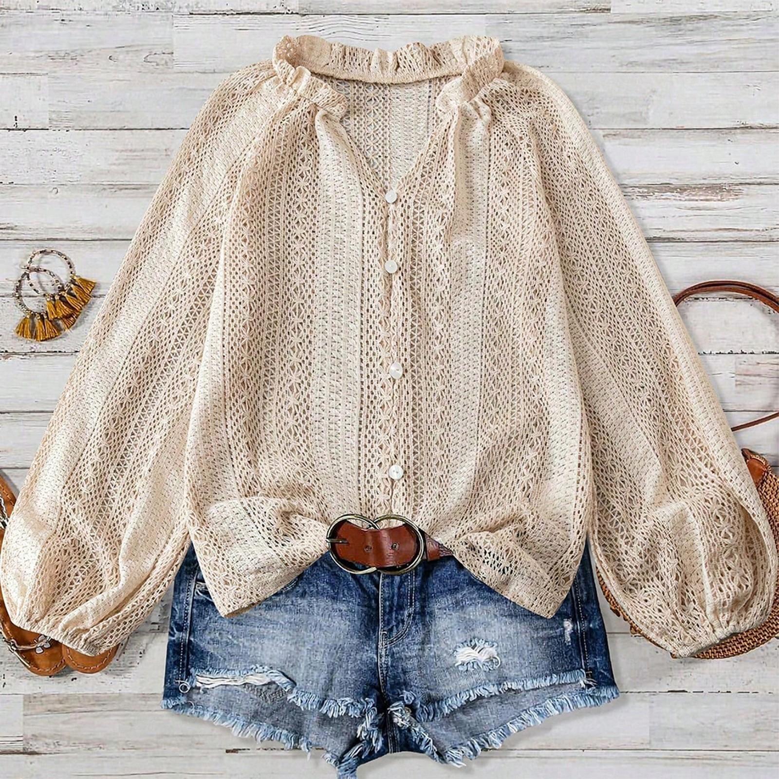 Ladies  Loose And Fashionable Versatile Hollow Lace V-neck Single Breasted Long Sleeved Shirt Top L бежевый