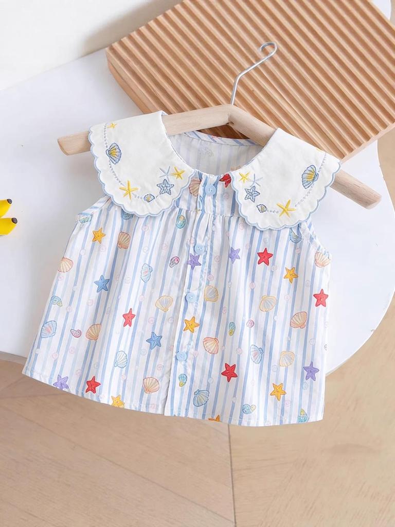 Girls' Summer Starfish Shell Two-Piece Set - Cute Cartoon Short Sleeve and Shorts