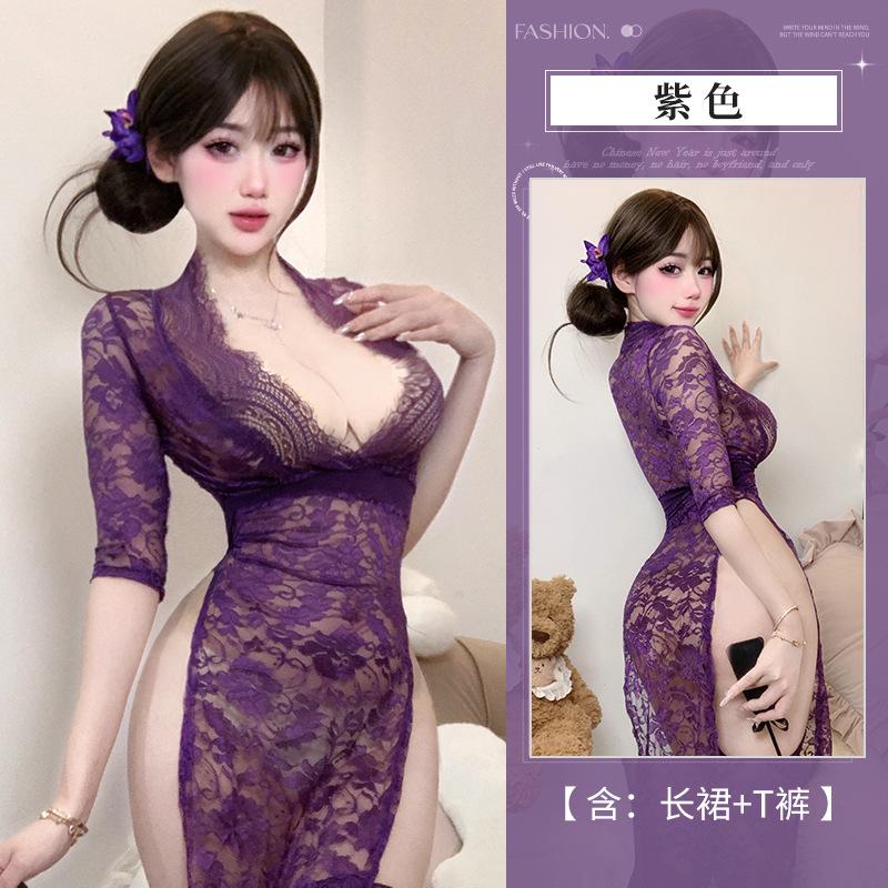 Sexy lingerie women's pure lace temptation long dress hot side split uniform free suit