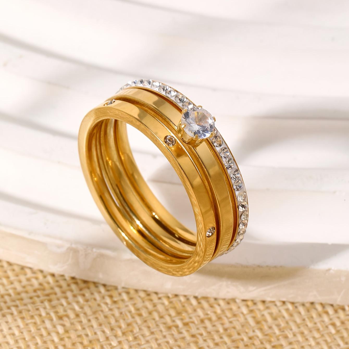 Stainless Steel Ring Three-Piece Set Inlaid with zirconia18k Gold-plated Ring Female Light Luxury fashion Titanium Steel Ring 6No.