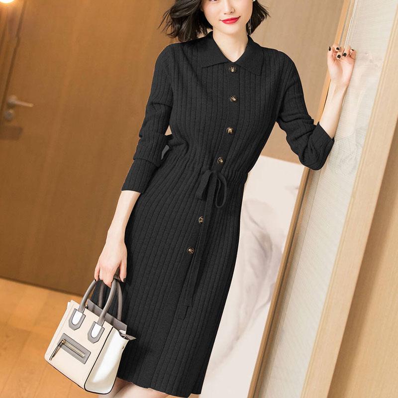 Recém-projetado mulheres vestidos de malha feminino vestido de manga longa outono inverno turn-down colarinho botão vestidos finos