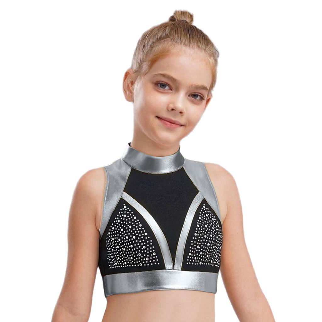 Dívčí taneční crop top s falešným rolákem, bez rukávů, s výřezem na zádech, lesklými kamínky, barevným blokováním, na vystoupení