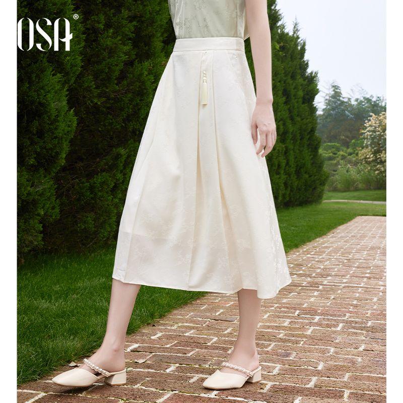 

OSA OSHA New Chinese Pleated Skirt Women s Summer 2025 New Arrival Slim Looking Mid Length Long Length National Style Improved Horse-Face Skirt Beige M