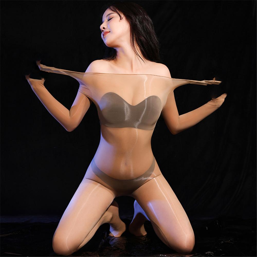 Sexy Women Home Yoga Bodysuit Oil Glossy Shiny 5D Thin Open Crotch Shaping Tights Sheer See Through Cosplay Maid Leotard